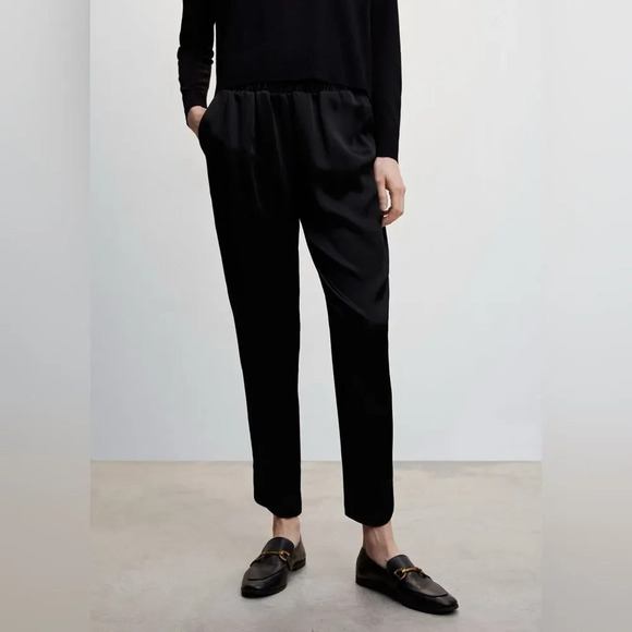 MNG MANGO Bright Elastic Waist Satin Pants in Black - Picture 2 of 13